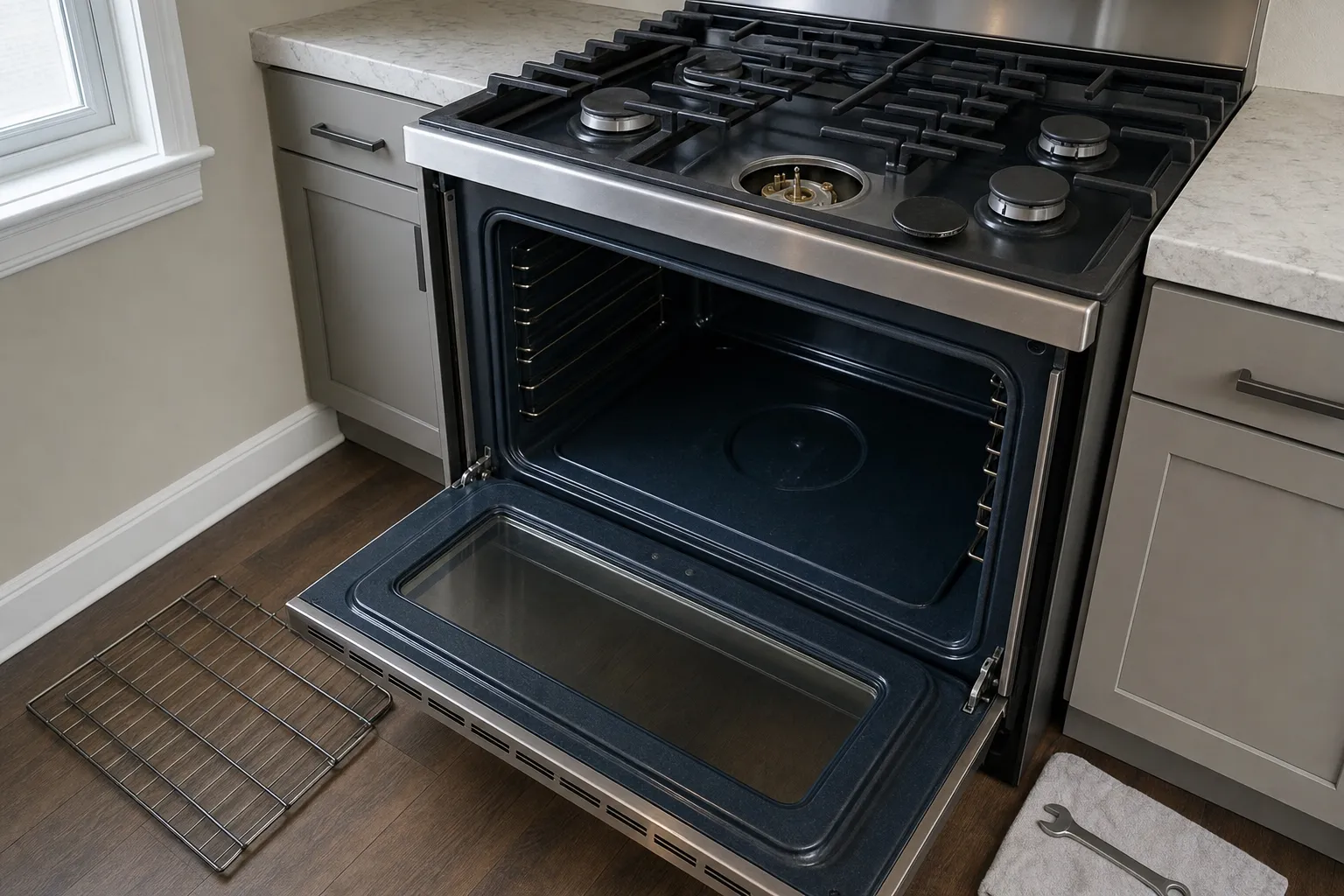 Stainless gas range with the oven door open and one cooktop burner opened up, a rack and wrench set on the floor