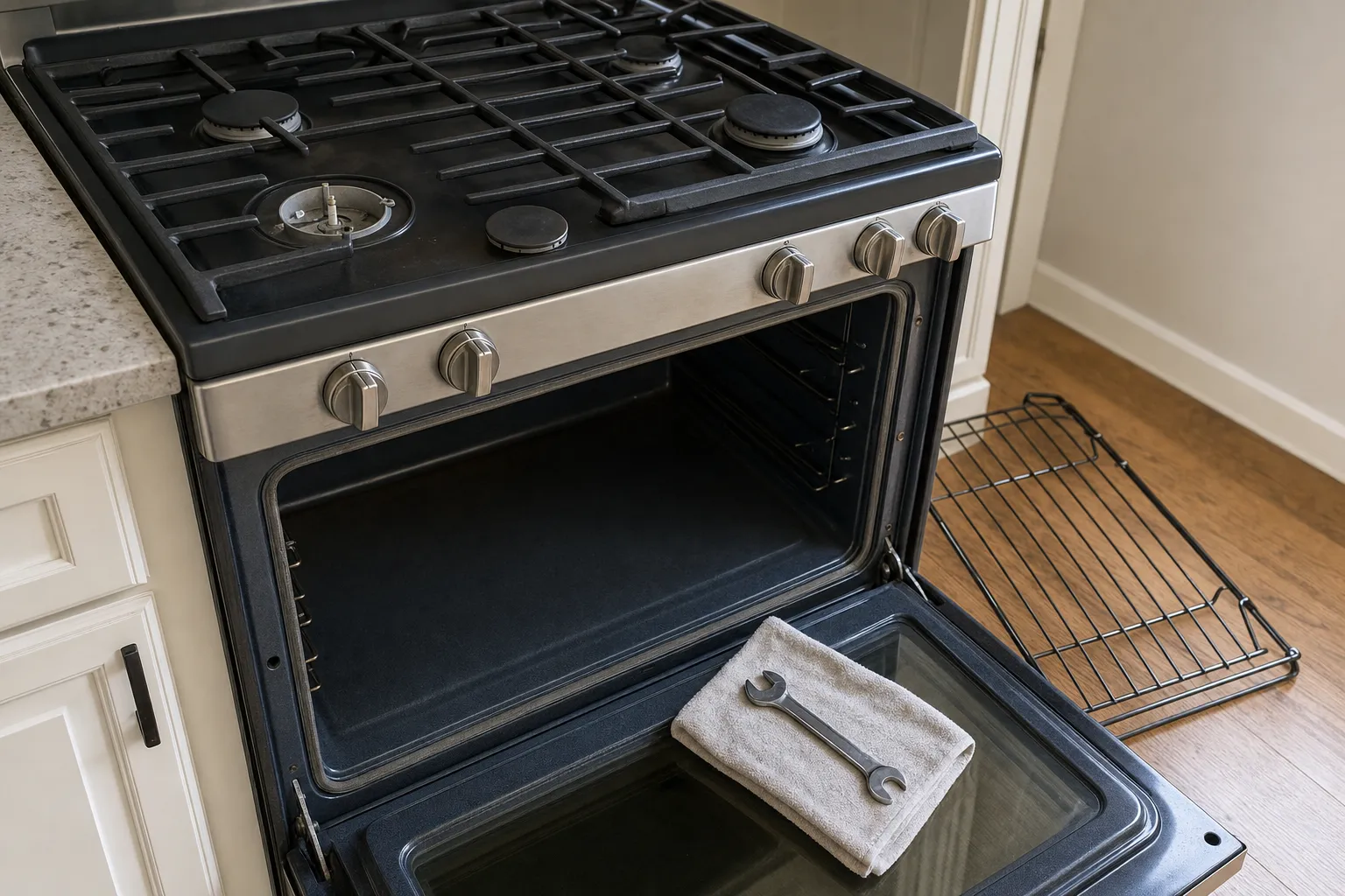 Oven door open on a stainless gas range, a folded towel and wrench on the door, the removed rack on the floor