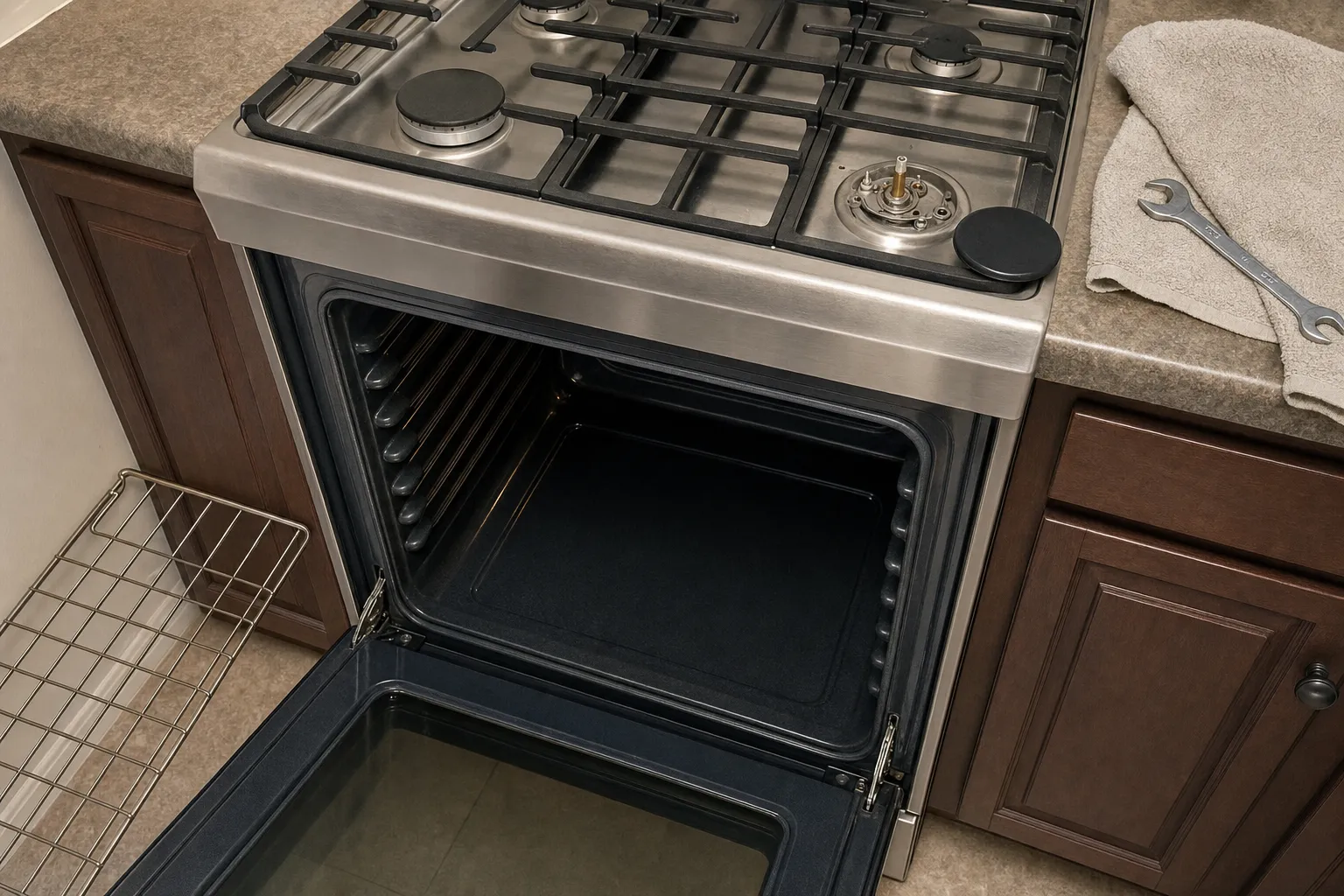 Close view of a stainless gas cooktop with one burner head lifted off to expose the brass orifice, cap set alongside