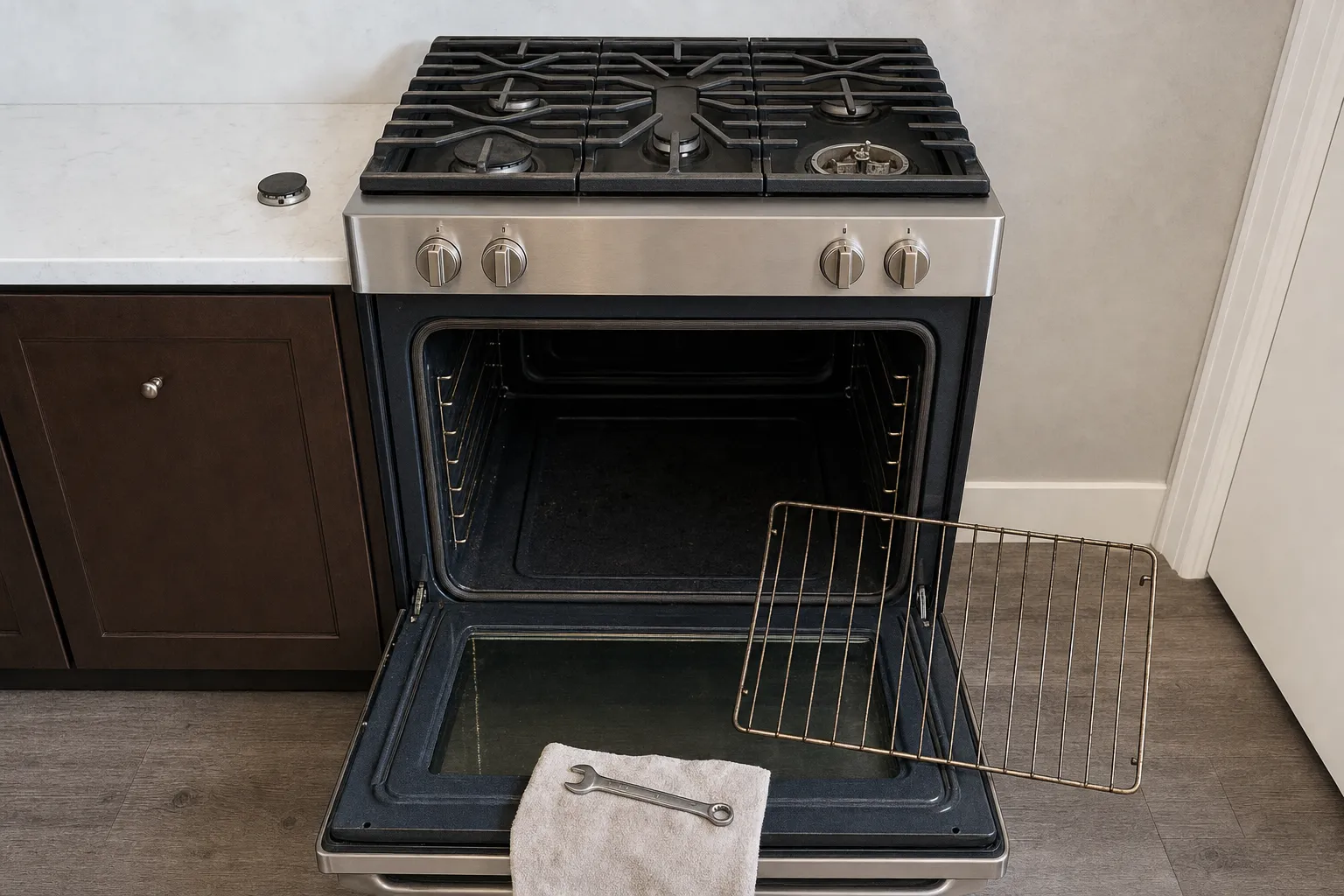 Oven rack drawn out of a stainless range and resting on the open door, the empty cavity and rack supports behind