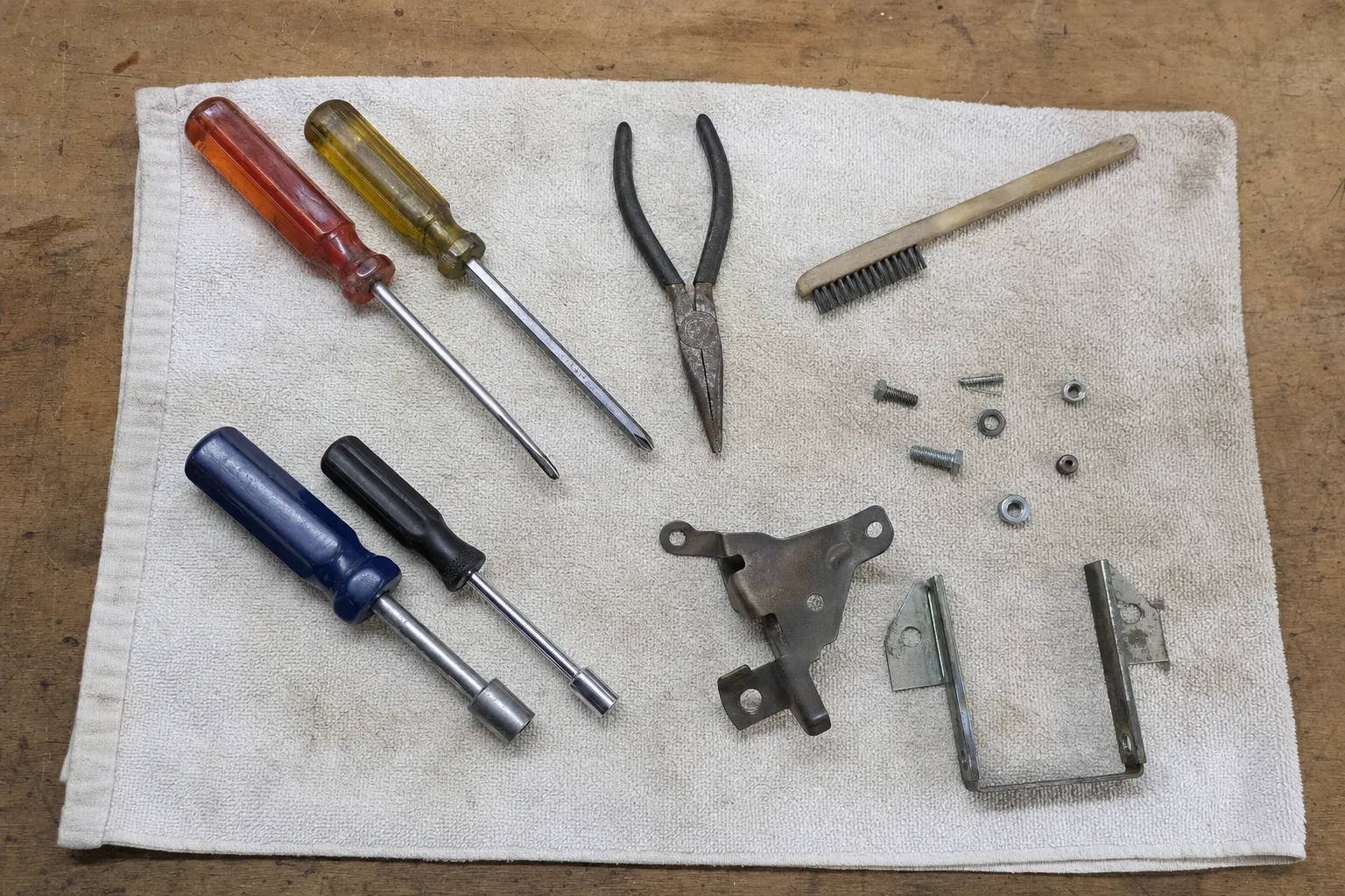 Screwdrivers, nut drivers, pliers and a wire brush on a towel with removed brackets, a hinge arm and loose fixings