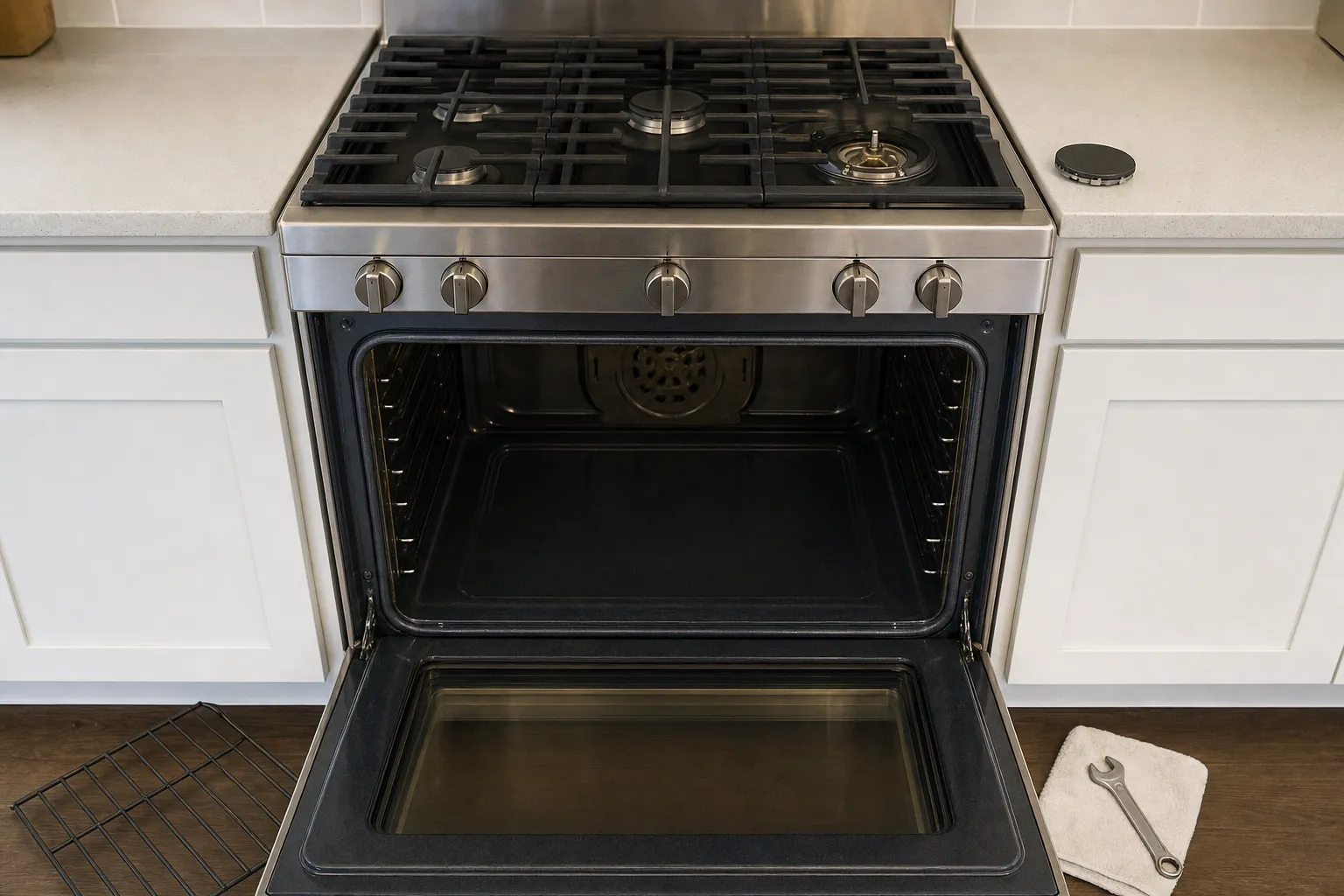 Five-knob gas range head-on with one right-hand burner uncapped, the oven door down on its window, a rack and wrench on the floor