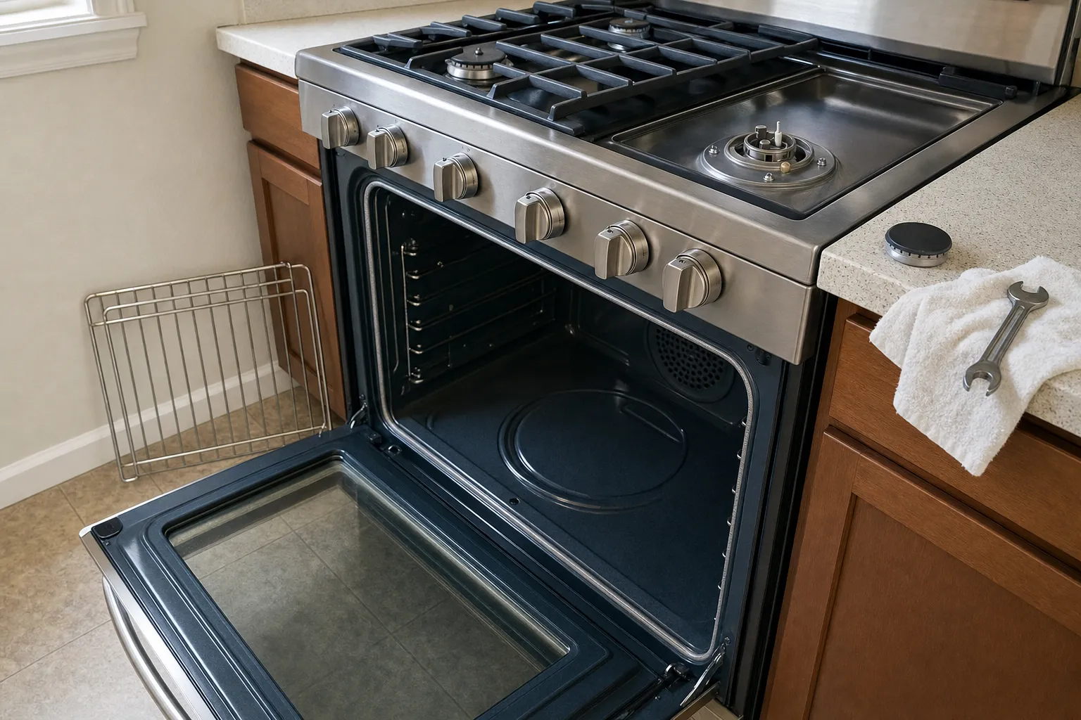 Burner base in a stainless well with a white ceramic electrode beside its brass fitting, six knobs on the rail and the oven door open