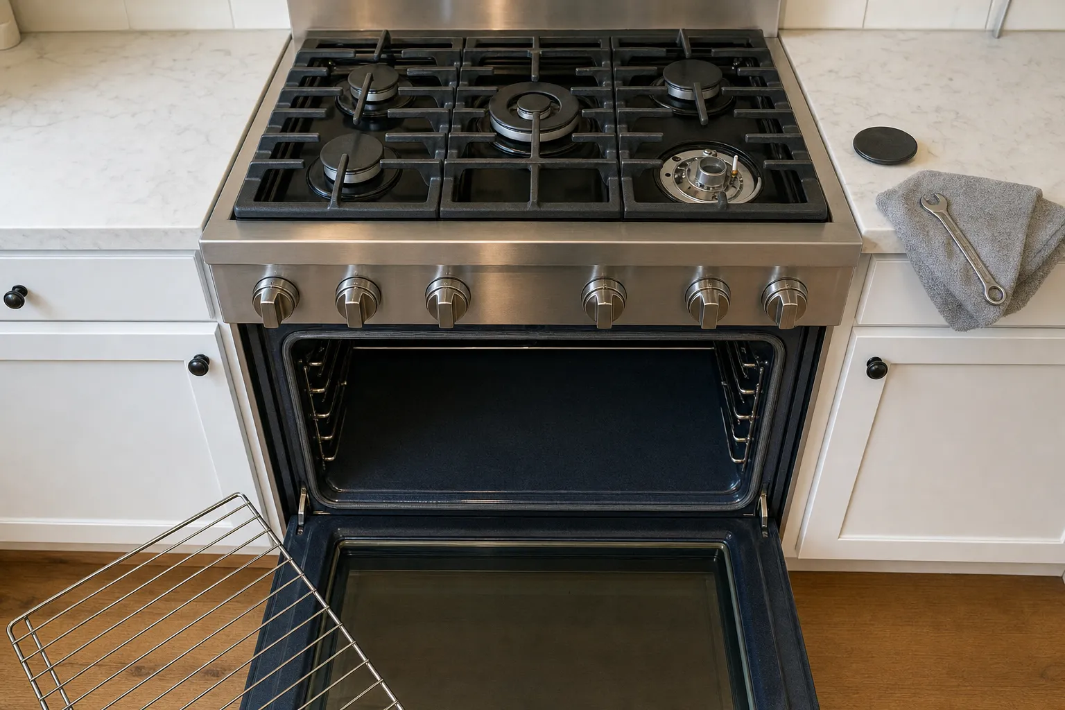 Five-burner range from above with the front right burner stripped to its base and electrode, the cap on the counter and a wrench on a towel alongside